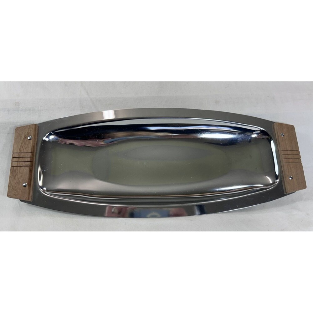 Vintage Kromex Chrome Serving Tray Wood Handles MCM Mid Century Barware